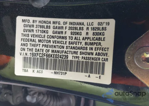 2019 Honda Civic Lx from USA, damaged, VIN 19XFC2F66KE024239